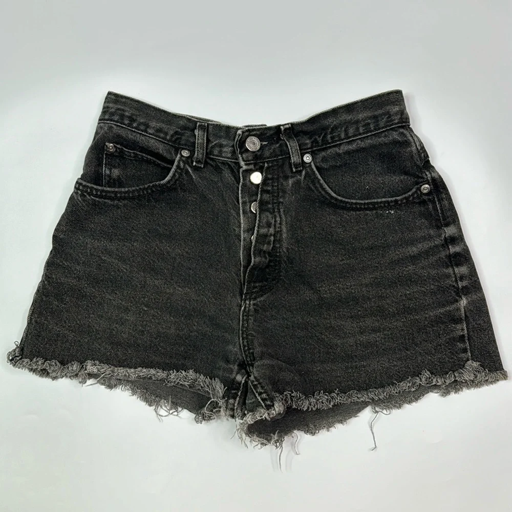 Vintage LEE Black Button Fly Raw Hem Cutoffs  High Waisted Shorts Size 7
